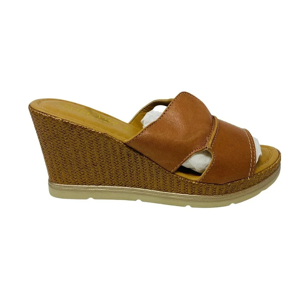New Bella Vita Womans Sz 9M Brown Mules Wedges Made In Italy Leather NIB - Picture 1 of 7